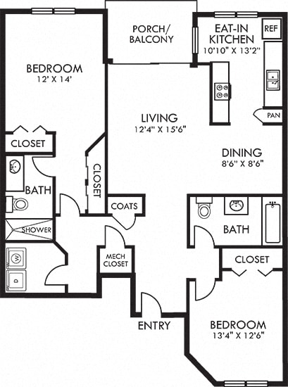 Brighton. 2 bedroom apartment. Kitchen with eating area. 2 full bathrooms, shower stall in master. Two closets in master. Patio/balcony.