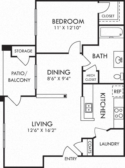 Ashby. 1 bedroom apartment. Kitchen with bartop open to living/dinning rooms. 1 full bathroom. Walk-in closet. Patio/balcony.