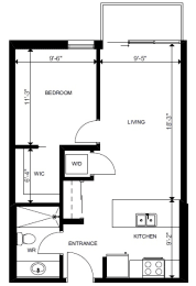 One bedroom, one bathroom apartment layout at Yello On Yates in Victoria, BC