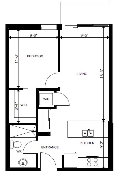 One bedroom, one bathroom apartment layout at Yello On Yates in Victoria, BC