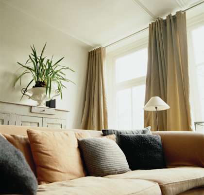 A living room with a couch, pillows, a plant, and a lamp at Pleasantview Apartments, Maryland