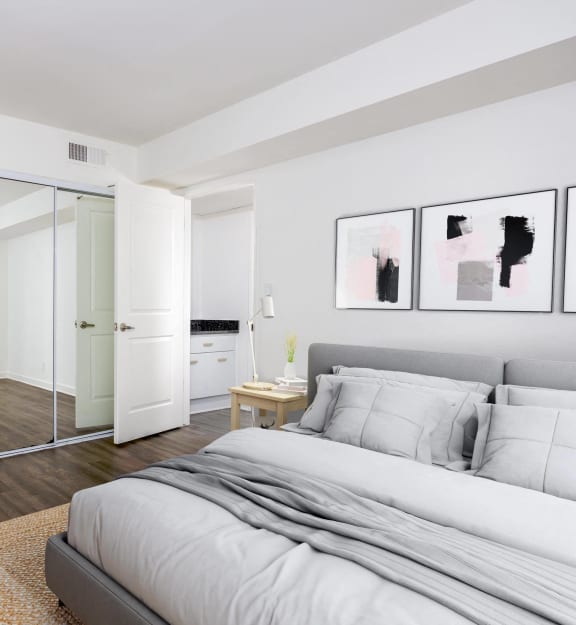 a bedroom with a large bed and a glass closet