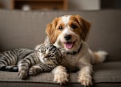 Thumbnail 4 of 16 - A cat and a dog are sitting on a couch.