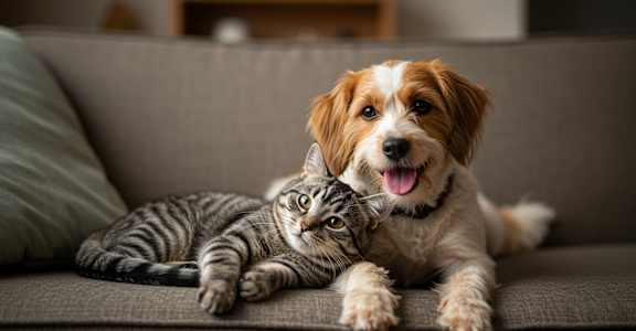 A cat and a dog are sitting on a couch.