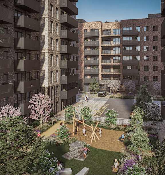 A modern courtyard surrounded by brick buildings.