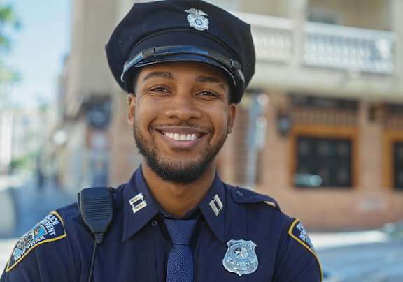 A police officer is standing in front of a building.