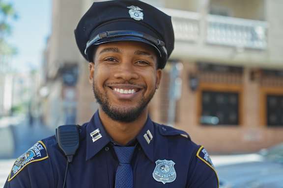 A police officer is standing in front of a building.
