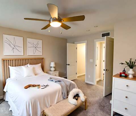 A bedroom with a large bed, a ceiling fan, and a small dog.