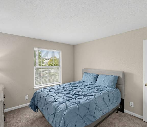 A bedroom with a blue bedspread and a window showing greenery outside.