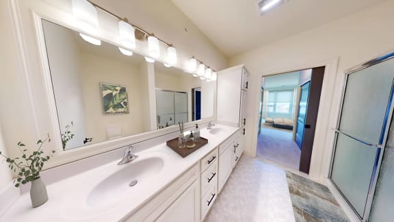 a bathroom with two sinks and a large mirror