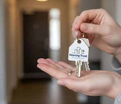 A person holding a keychain with a tag that says Housing Trust.