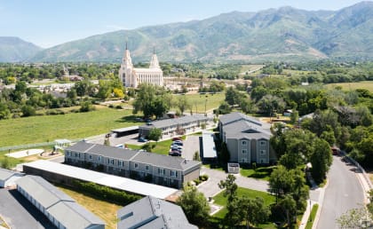 arial view of the campus with the mountains in the background