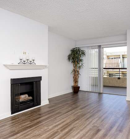 a living room with a fireplace and a patio door