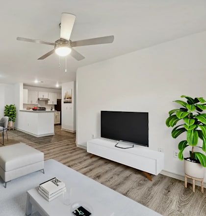 A living room with a grey couch, a white coffee table, a television, and a ceiling fan.