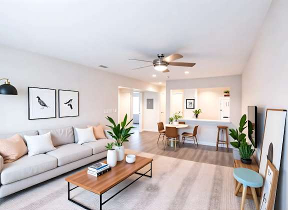 A living room with a white sofa, a wooden coffee table, and a ceiling fan.