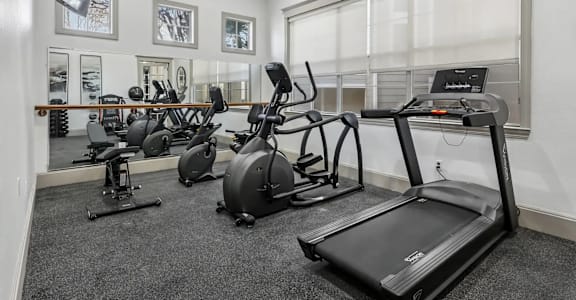 A well-equipped gym with treadmills, stationary bikes, and elliptical machines.