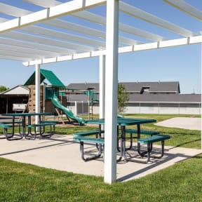 a picnic area with picnic tables and a playground in the background