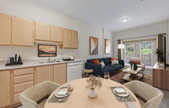 Dining area and kitchen at Cedar Park Apartments in Seattle WA
