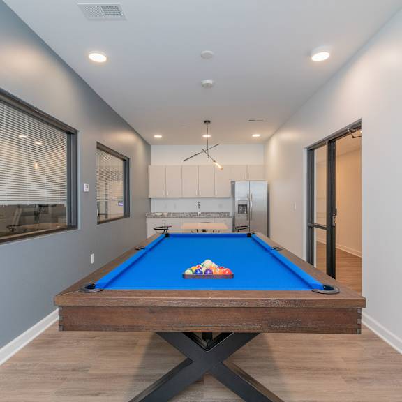 A pool table in a room with a window and a door.