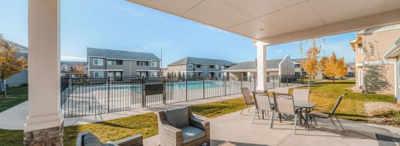 the preserve at ballantyne commons covered patio with furniture and a pool
