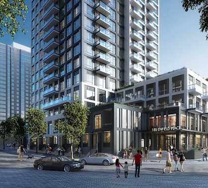 a rendering of a tall building on a city street with pedestrians