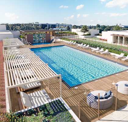 A large outdoor pool at Garden at 3Roots, San Diego California