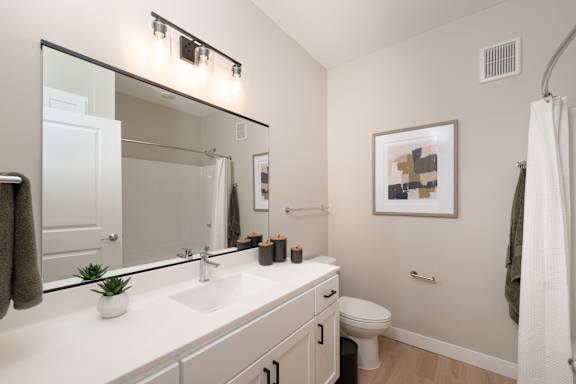 A bathroom with a white countertop and a mirror above it.