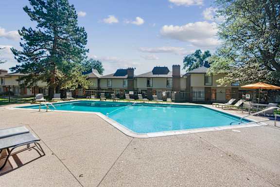 A swimming pool surrounded by a concrete patio and trees.