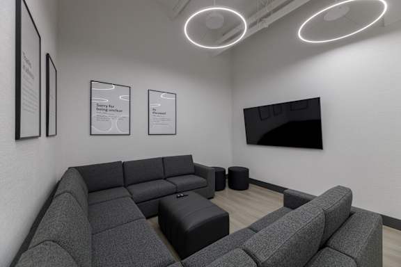 A modern living room with grey couches and a flat screen TV.