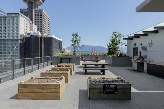 A rooftop garden with wooden planters and a sign on one of them.