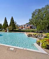 A large outdoor swimming pool surrounded by trees and a building.