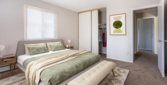 a bedroom with a bed and a closet