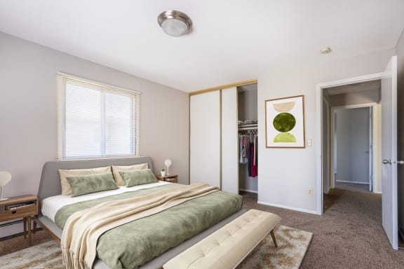 a bedroom with a bed and a closet