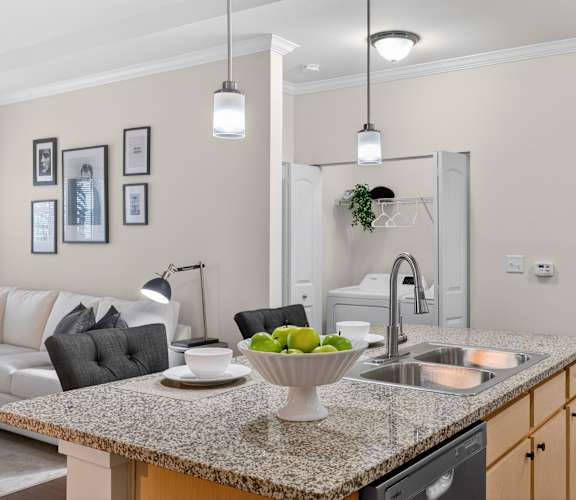 A kitchen with a granite countertop and a bowl of green apples on it.