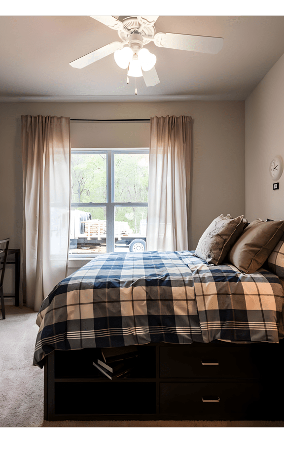a bedroom with a bed and a mirror