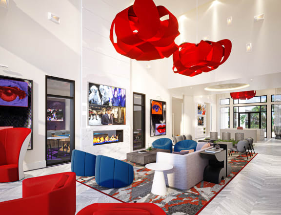 a rendering of a lobby with red chairs and couches