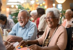 a group of seniors playing a board game at a table