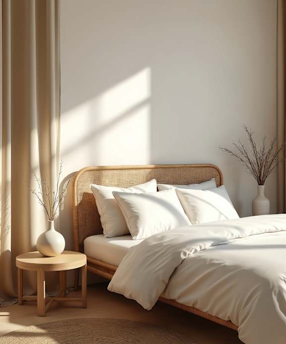 A bed with white pillows and a white bedspread sits in a room with a wooden headboard and a small wooden table with a vase on it.
