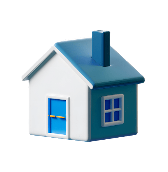 A small blue house with a white roof and a brown chimney.