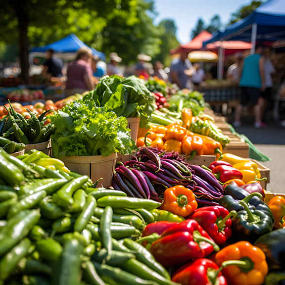 a variety of vegetables on display at a farmers market