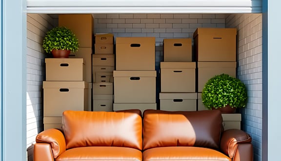 A brown leather couch sits in front of a storage unit with boxes and plants.
