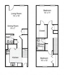 2 Bedroom 1.5 Bath 2D Townhouse Floorplan Style D2-Preservation Square, St. Louis, MO