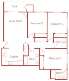 Floor Plan  Banyan three bedroom two bathroom floorplan at Northridge Heights Apartments