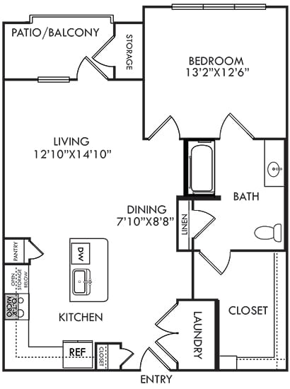 overhead view of a 1 bedroom 1 bath apartment home. L-shaped kitchen at entrance along with laundry closet. Kitchen island. Built in shelves in dining/living area. bedroom with private bath access. closet attached to bath. Pato/balcony access off a living room.