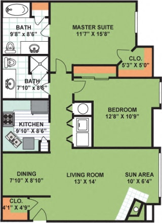 Floor Plan Two Bedroom Two Bath (1,170 Square Feet)