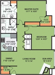 Floor Plan  Two Bedroom Two Bath (1,170 Square Feet)