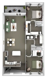 Belle Harbour Apartments - B3 - 2 bedrooms and 2 bath - 3D Floor Plan