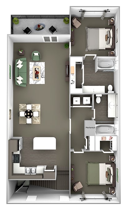 Belle Harbour Apartments - B3 - 2 bedrooms and 2 bath - 3D Floor Plan