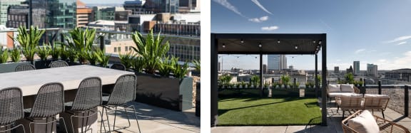 a terrace with a table and chairs and a view of the city