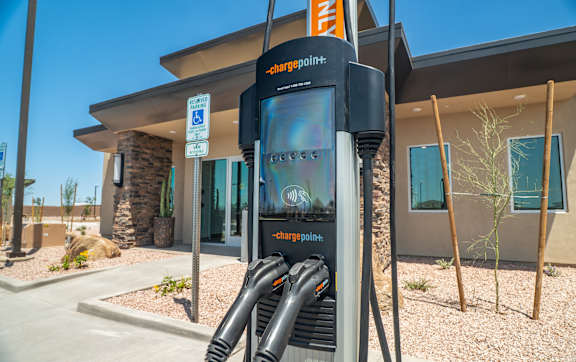 A ChargePoint station is located outside a building.
